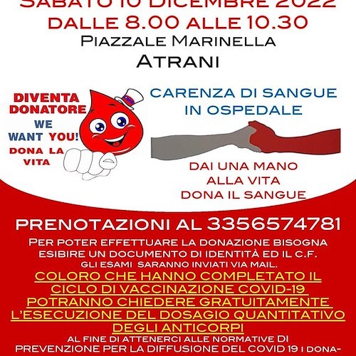 Sabato 10 dicembre si dona il sangue ad Atrani: necessaria la prenotazione