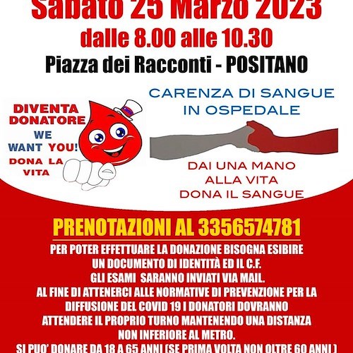 Sabato 25 marzo si dona il sangue a Positano: necessario prenotarsi 