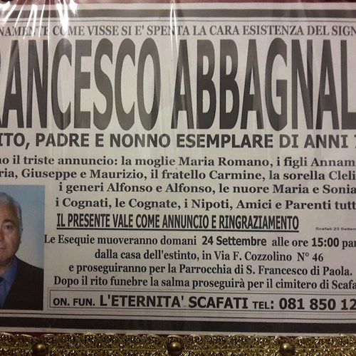 Scafati piange Francesco Abbagnale, condoglianze dalla Costa d'Amalfi