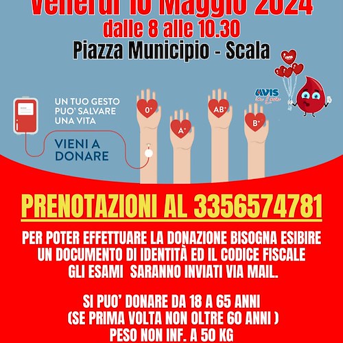 Scala, 10 maggio si dona il sangue con AVIS in Piazza Municipio