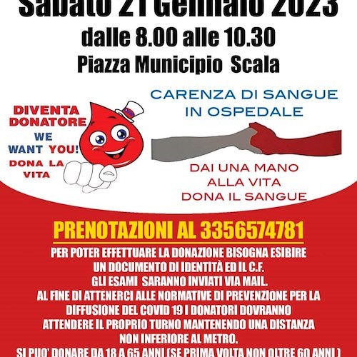 Scala, 21 gennaio si dona il sangue in piazza con l'Avis