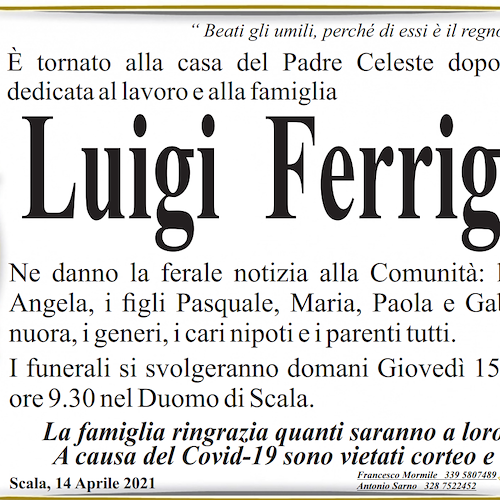 Scala, addio a Luigi Ferrigno: domani i funerali 