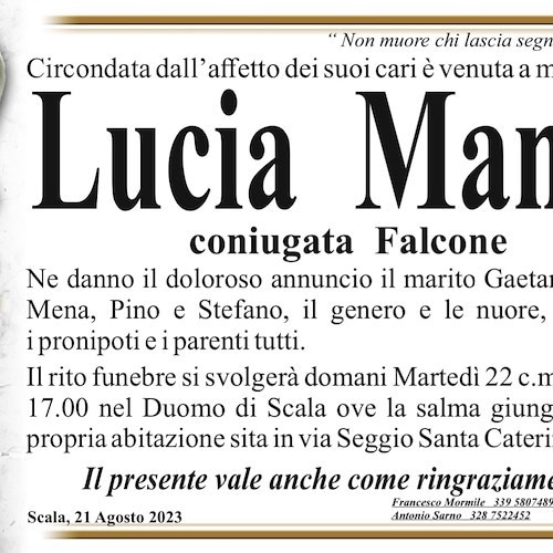 Scala dice addio alla signora Lucia Mansi, coniugata Falcone