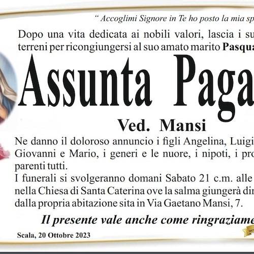 Scala e Ravello piangono la morte della Signora Assunta Pagano, vedova Mansi