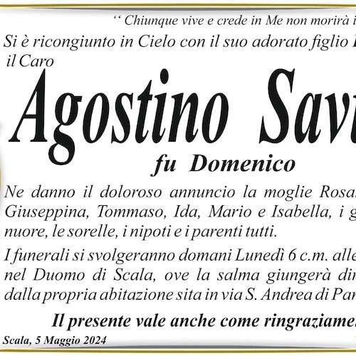 Scala piange la morte di Agostino Savino, fu Domenico