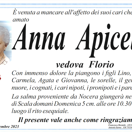 Scala piange la scomparsa della signora Anna Apicella, vedova Florio