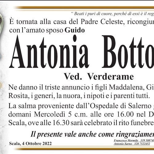 Scala porge l'ultimo saluto alla signora Antonia Bottone, vedova Verderame