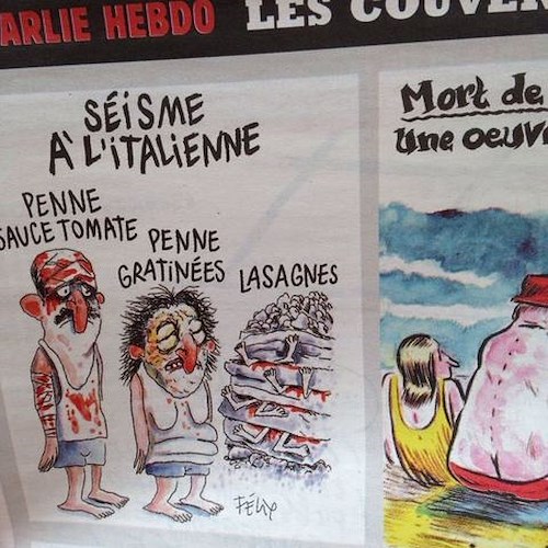 Se questa è satira: nella vignetta di Charlie Hebdo le vittime del terremoto sepolte come «lasagne»