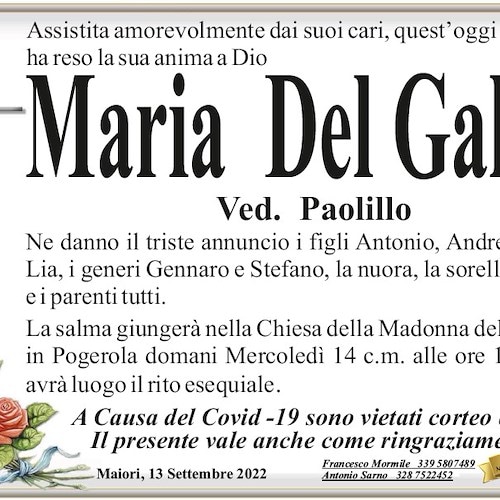 Si è spenta a Maiori la signora Maria Del Galdo, i funerali a Pogerola