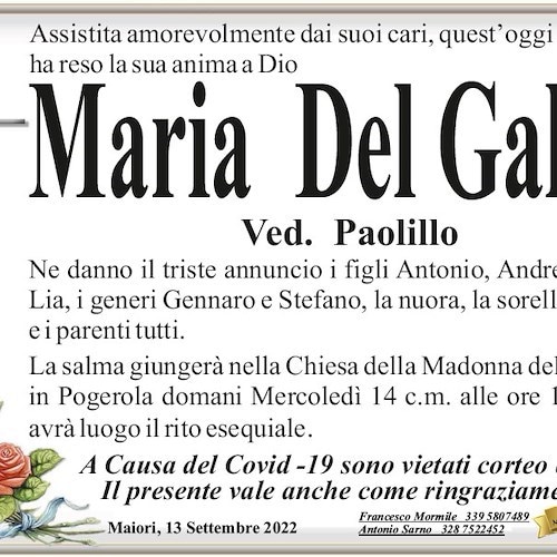 Si è spenta a Maiori la signora Maria Del Galdo, i funerali a Pogerola