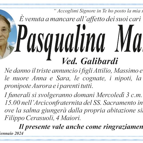 Si è spenta a Maiori la signora Pasqualina Mansi, mercoledì i funerali a Minori