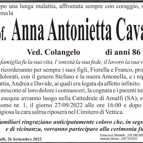 Si è spenta a Roma la professoressa Anna Antonietta Cavaliere, i funerali ad Amalfi