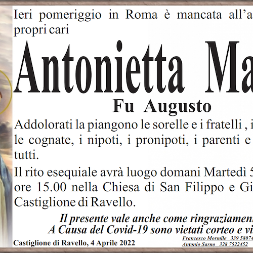 Si è spenta a Roma la signora Antonietta Mansi, i funerali a Castiglione di Ravello