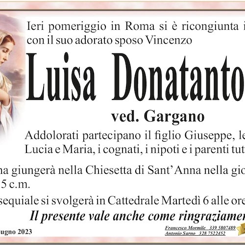 Si è spenta a Roma la signora Luisa Donatantonio, vedova Gargano. I funerali ad Amalfi