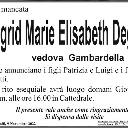 Si è spenta ad Amalfi la signora Sigrid Marie Elisabeth Degwitz, vedova Gambardella