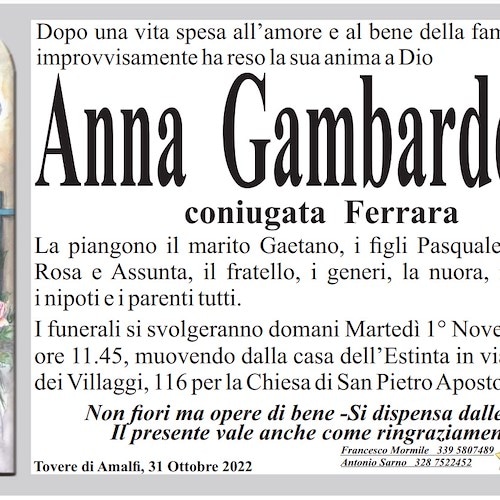 Si è spenta l'esistenza terrena della signora Anna Gambardella: lutto a Tovere di Amalfi
