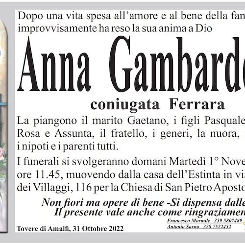 Si è spenta l'esistenza terrena della signora Anna Gambardella: lutto a Tovere di Amalfi