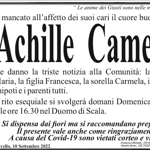 Si è spento a Ravello Achille Camera. L'ultimo saluto al Duomo di Scala