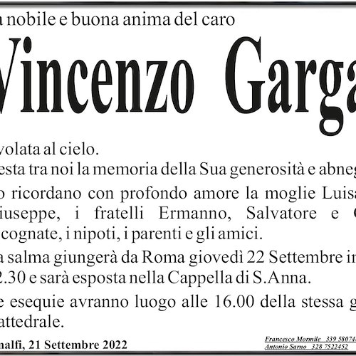 Si è spento a Roma Vincenzo Gargano, i funerali giovedì ad Amalfi