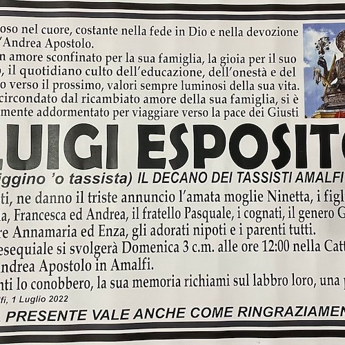 Si è spento Luigi Esposito, decano dei tassisti amalfitani