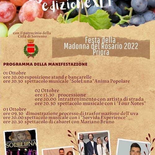 Sorrento: dall’1 al 3 ottobre enogastronomia e spettacolo con la "Festa dell'Uva"