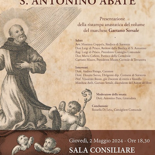 Stasera a Sorrento la presentazione della ristampa anastatica del volume "Vita di S. Antonino Abate" 