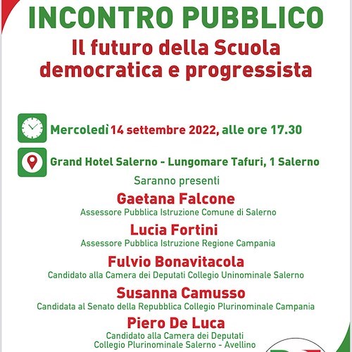 Stasera al Grand Hotel Salerno un incontro a tema scuola con i candidati PD alle elezioni