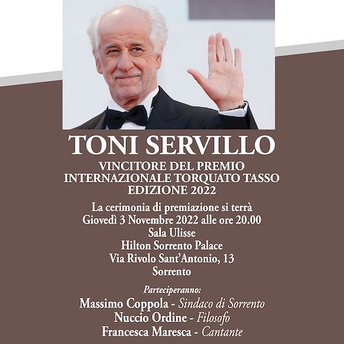 Toni Servillo premiato nella sua Sorrento: 3 novembre il riconoscimento dell’Istituto di Cultura Torquato Tasso