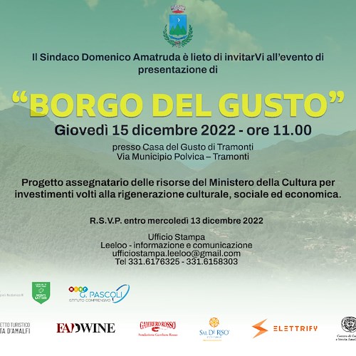 Tramonti, 15 dicembre la presentazione al territorio del progetto "Borgo del Gusto"