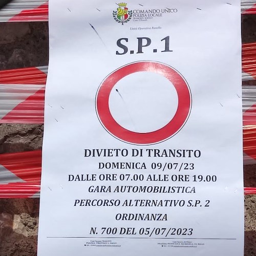 Tramonti, 9 luglio SP1 chiusa da Chiunzi a Cesarano per svolgimento "Minislalom"