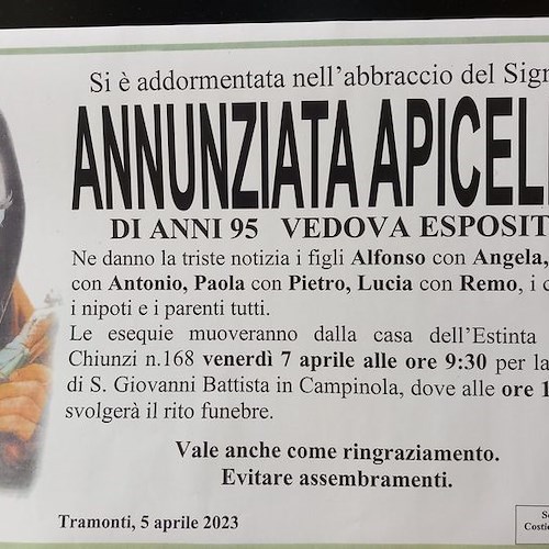 Tramonti: all'età di 95 anni si è spenta Annunziata Apicella, vedova Esposito 