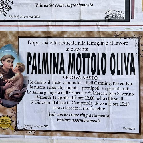 Tramonti dice addio alla signora Palmina Mottolo Oliva, vedova Nasto