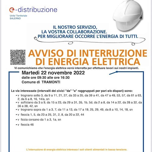 Tramonti, domani 22 novembre interruzione fornitura elettrica per lavori