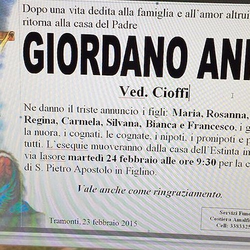 Tramonti, lutto per scomparsa della signora Anna Giordano