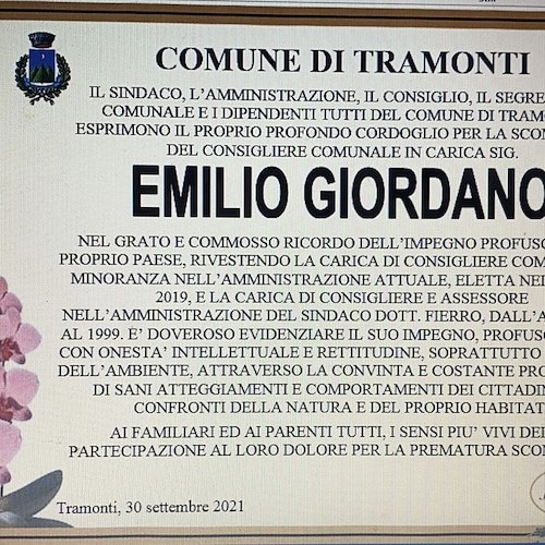 Tramonti, morte Emilio Giordano: proclamato lutto cittadino