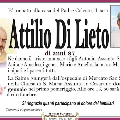 Tramonti piange Attilio Di Lieto, storico agricoltore ed esperto vitaiolo