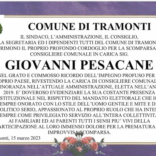 Tramonti piange la prematura scomparsa di Giovanni Pesacane, lutto cittadino per il consigliere comunale