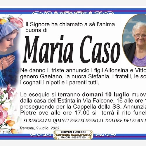 Tramonti piange la scomparsa della signora Maria Caso