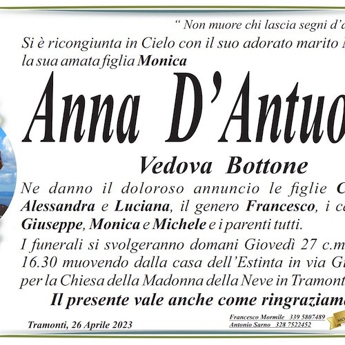 Tramonti piange la scomparsa di Anna D’Antuono, vedova Bottone