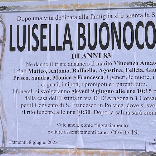Tramonti porge l'ultimo saluto alla Signora Luisella Buonocore