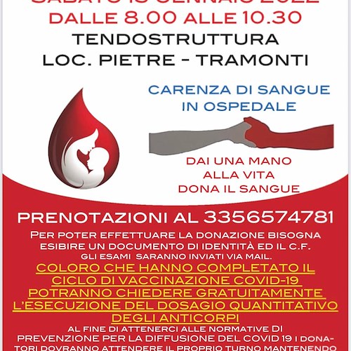 Tramonti risponde ad appello donazione sangue: 15 gennaio giornata di raccolta