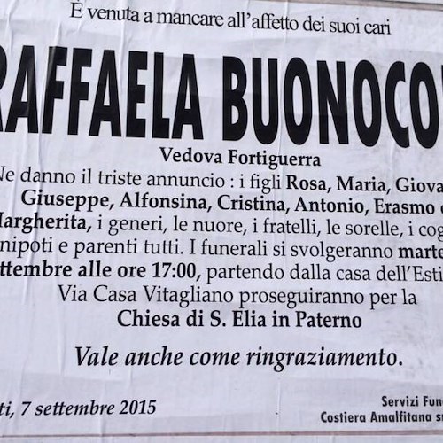 Tramonti: si è spenta la signora Raffaela Buonocore in Fortiguerra