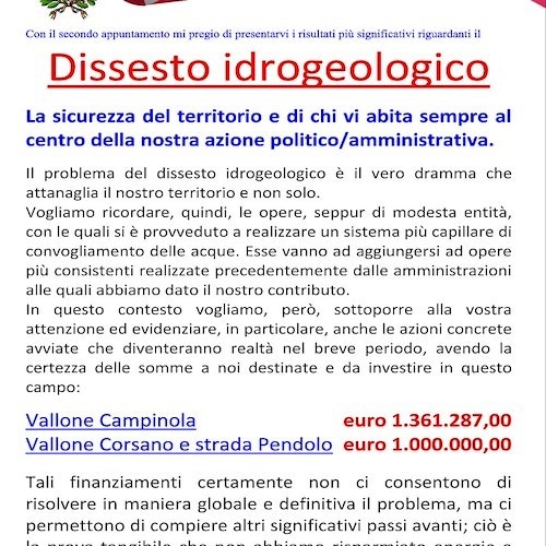 Tramonti, Sindaco Amatruda fa un bilancio «dei risultati più significativi dell'amministrazione» e inizia dal dissesto idrogeologico