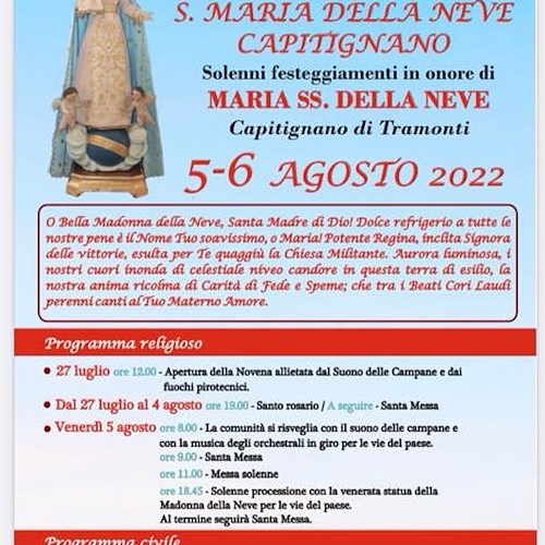 Tramonti, tra il 4 e il 6 agosto Capitignano festeggia la Patrona Santa Maria della Neve