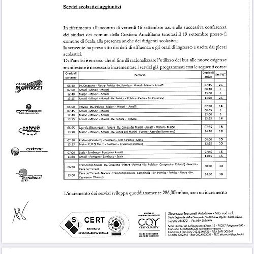 Trasporto scolastico in Costa d’Amalfi, dal 10 ottobre nuove corse per gli studenti pendolari