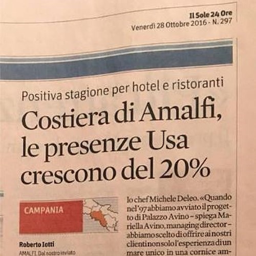 Turismo in Costa d’Amalfi, Il Sole 24 Ore: presenze Usa crescono del 20%