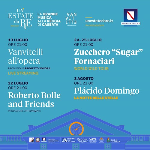 “Un’Estate da Re” alla Reggia di Caserta: dall’8 giugno in vendita i biglietti per Zucchero, Bolle e Domingo