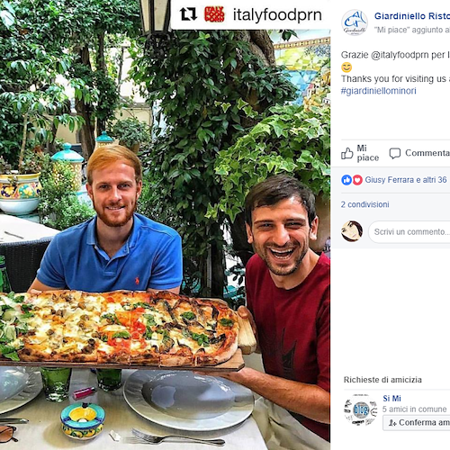 «Un metro sopra il cielo»: Italy Food Porn consiglia la pizza del Giardiniello di Minori