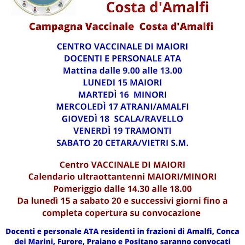 Vaccini Costa d'Amalfi, precedenza a personale scolastico. Anziani Maiori e Minori "rimandati" a prossima settimana