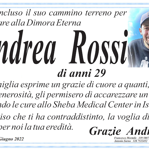 Venerdì a Luino i funerali di Andrea Rossi, la famiglia ringrazia la Costa d'Amalfi con un manifesto pubblico